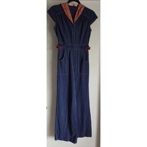 VTG 70s Jerell of Texas Women Jumpsuit Blue Red Sleeveless Wide Leg Hooded